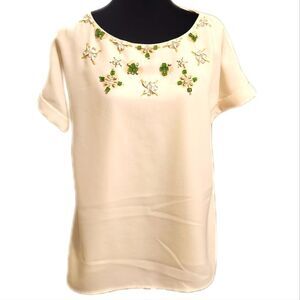 Banana Republic Beaded Short Sleeved Lined Cream Blouse, M